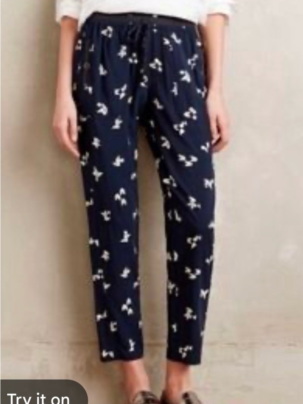Anthropologie Hei Hei Navy Cropped Drawstring Pants with White Origami Print